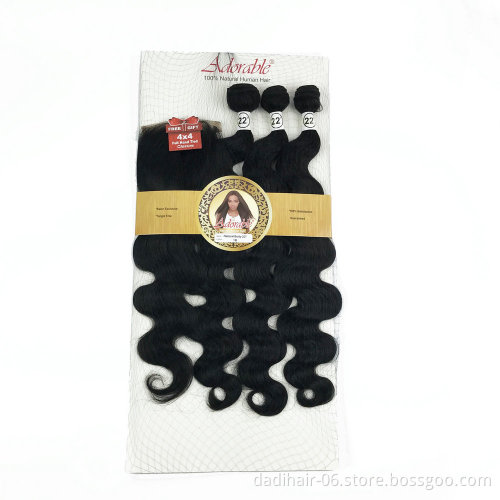 Alibaba online best selling, Adorable,body wave packed blend human hair mixed animal mixed synthetic hair  22 ,free closure